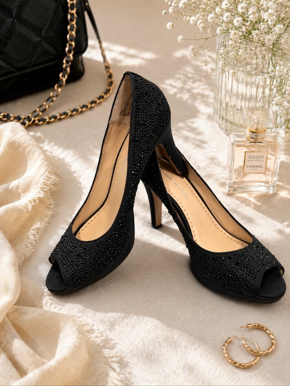 Adrienne Vittadini Open Toe Black Rhinestones Spike Heel Pumps. Ladies 9m